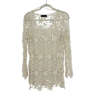 Annabelle Women’s L Crochet Top Long Sleeve Cotton Ivory Western Cowgirl Boho